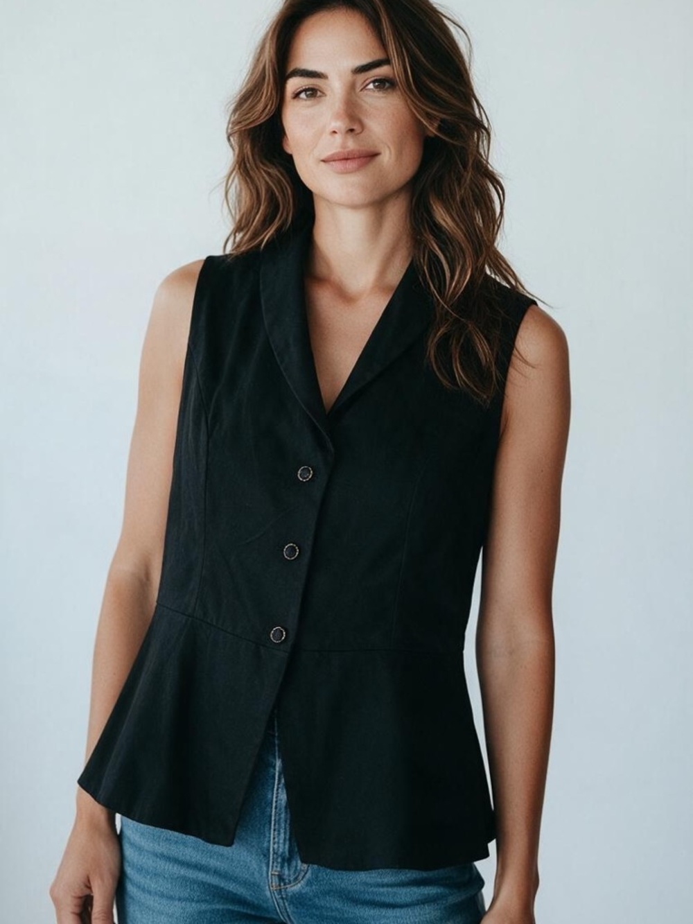 Jason Wu Black Sleeveless Buttoned V-Neck Peplum Top